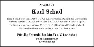 Traueranzeige Karl Schad
