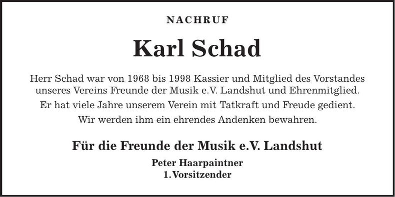 Traueranzeige Karl Schad
