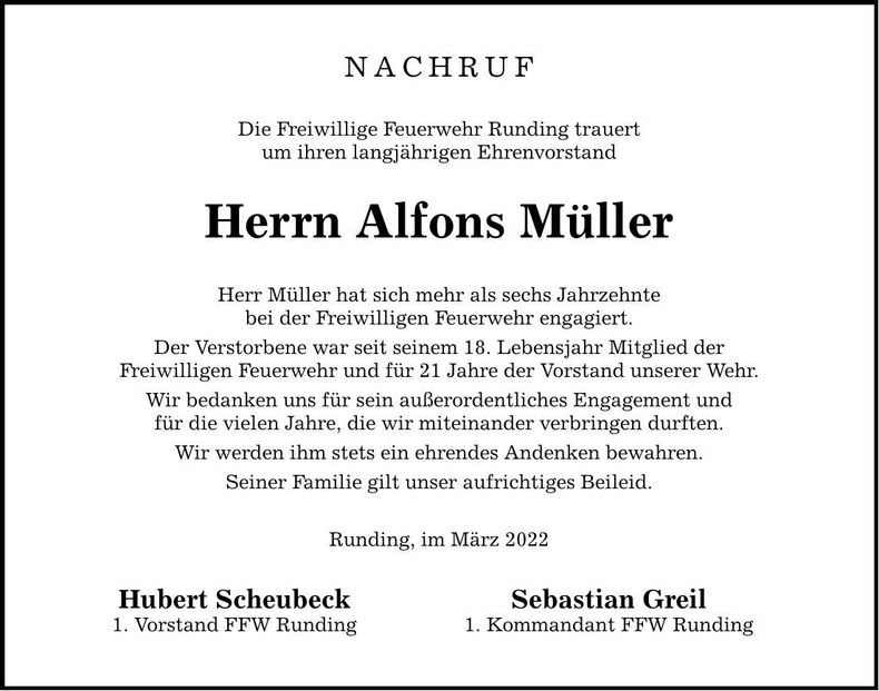 Traueranzeige Alfons Müller