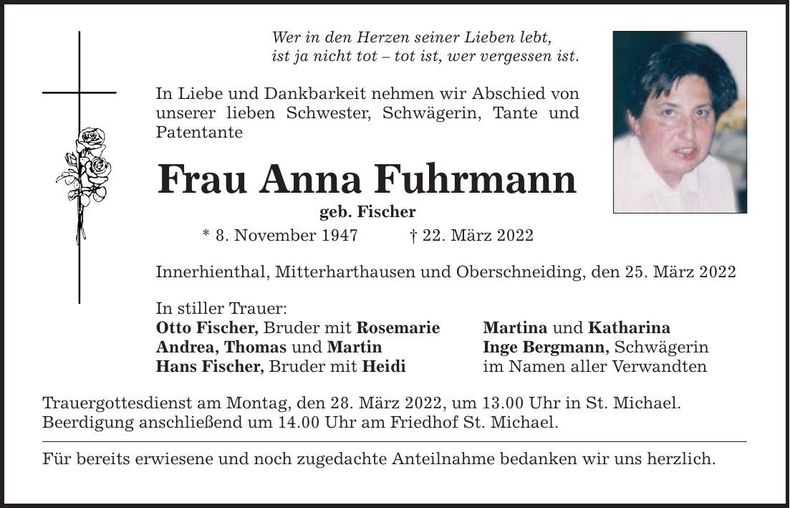 Traueranzeige Anna Fuhrmann