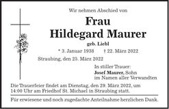 Traueranzeige Hildegard Maurer