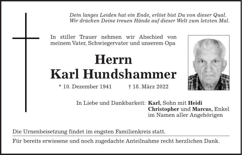 Traueranzeige Karl Hundshammer