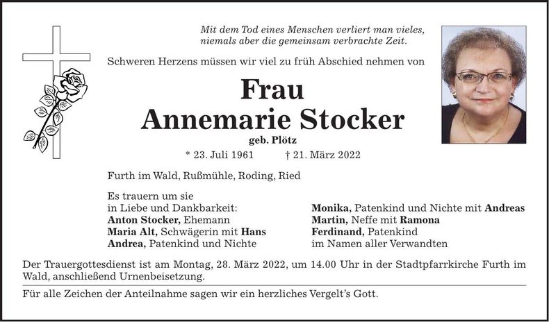 Traueranzeige Annemarie Stocker