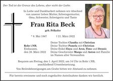 Traueranzeige Rita Beck