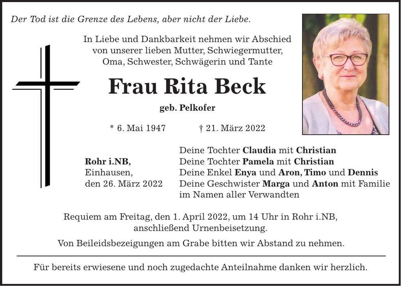 Traueranzeige Rita Beck