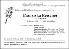 Traueranzeige Franzsika Reischer
