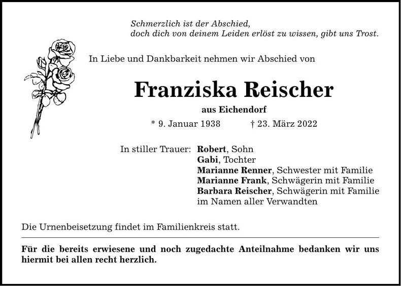 Traueranzeige Franzsika Reischer