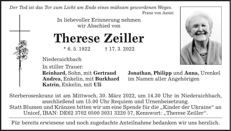 Traueranzeige Therese Zeiller