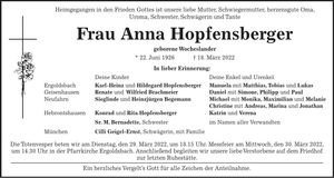 Traueranzeige Anna Hopfensberger