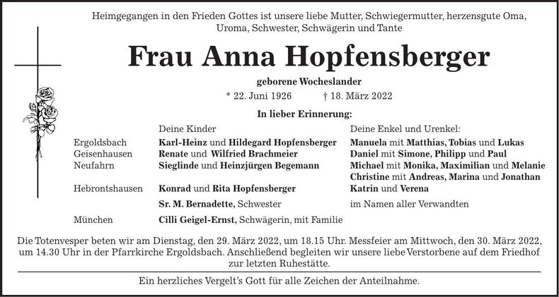 Traueranzeige Anna Hopfensberger