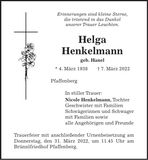 Traueranzeige Helga Henkelmann