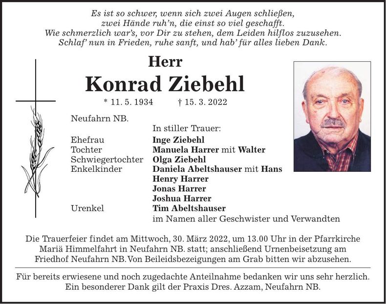 Traueranzeige Konrad Ziebehl