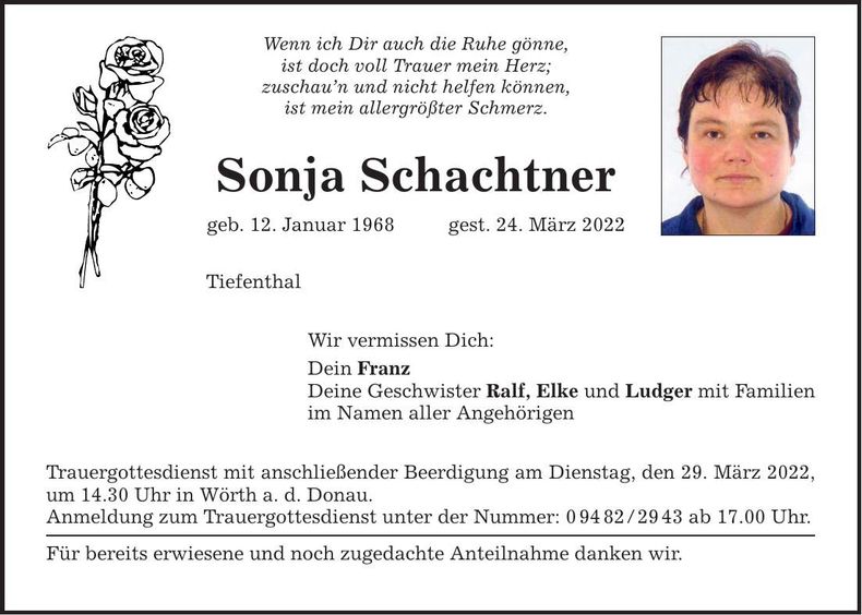 Traueranzeige Sonja Schachtner