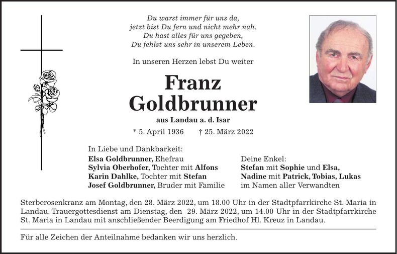 Traueranzeige Franz Goldbrunner
