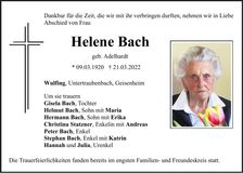 Traueranzeige Helene Bach