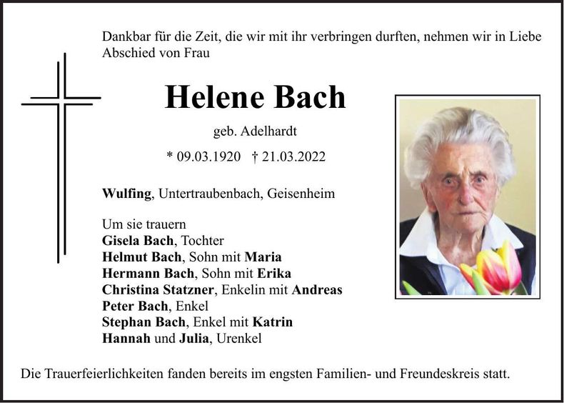 Traueranzeige Helene Bach