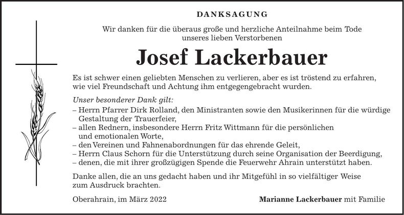Traueranzeige Josef Lackerbauer