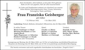 Traueranzeige Franziska Geisberger
