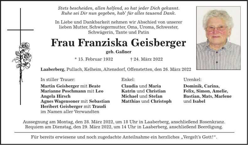 Traueranzeige Franziska Geisberger