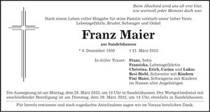 Traueranzeige Franz Maier