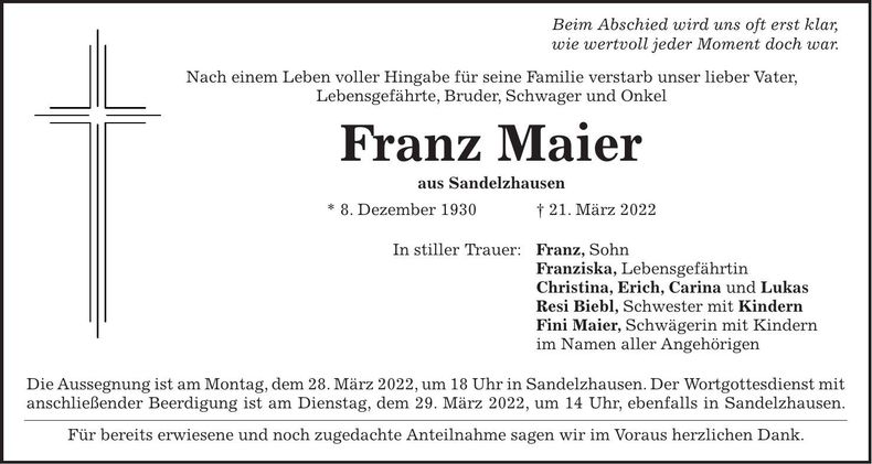 Traueranzeige Franz Maier