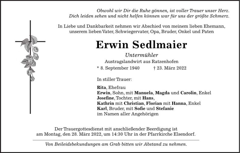 Traueranzeige Erwin Sedlmaier