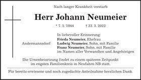 Traueranzeige Johann Neumeier