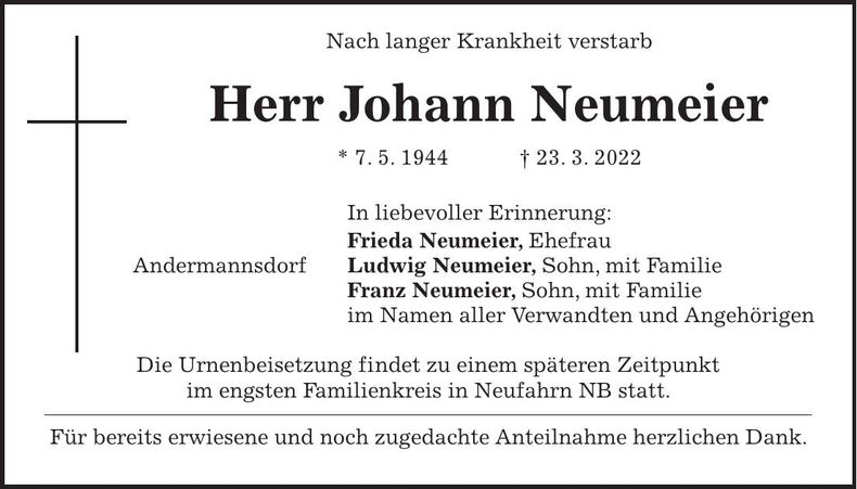 Traueranzeige Johann Neumeier