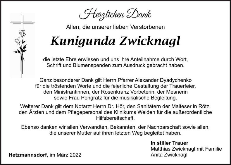 Traueranzeige Kunigunda Zwicknagl