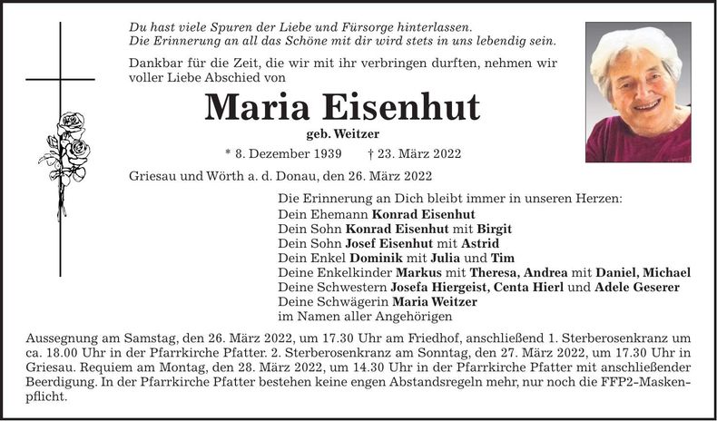Traueranzeige Maria Eisenhut