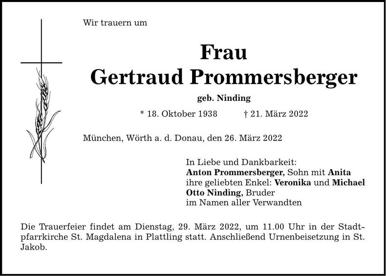 Traueranzeige Gertraud Prommersberger