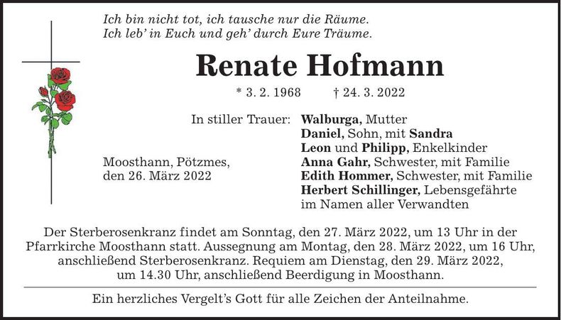 Traueranzeige Renate Hofmann