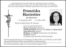 Traueranzeige Franziska Hastreiter