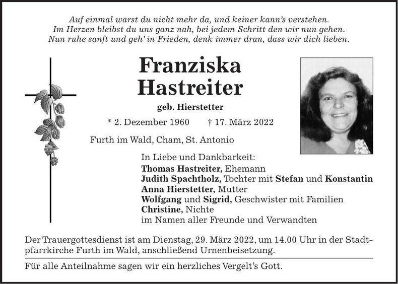 Traueranzeige Franziska Hastreiter