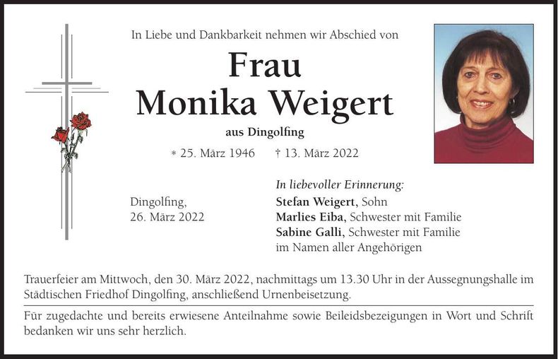 Traueranzeige Monika Weigert