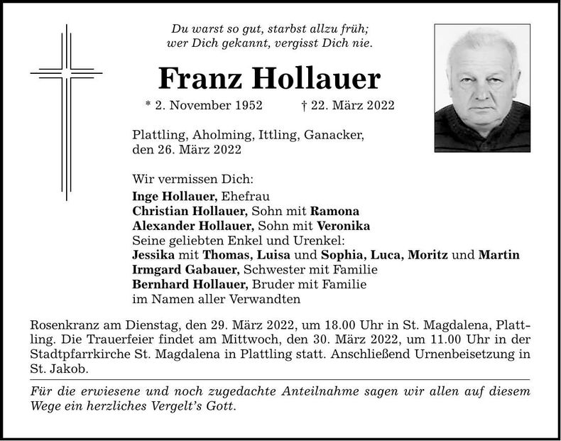 Traueranzeige Franz Hollauer