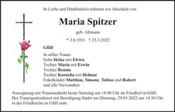 Traueranzeige Maria Spitzer