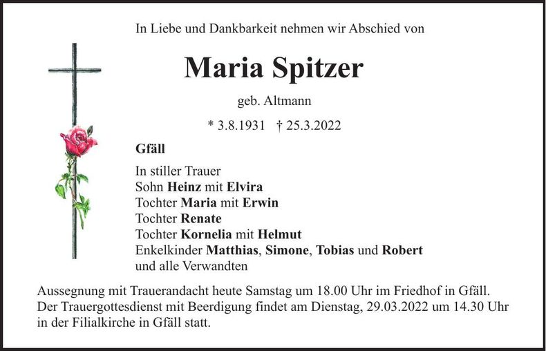 Traueranzeige Maria Spitzer