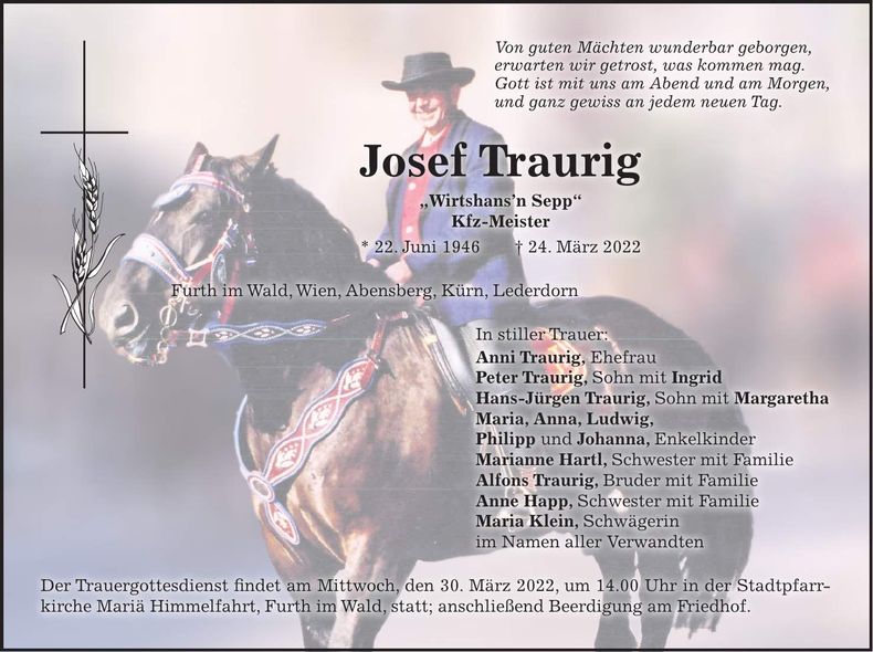 Traueranzeige Josef Traurig