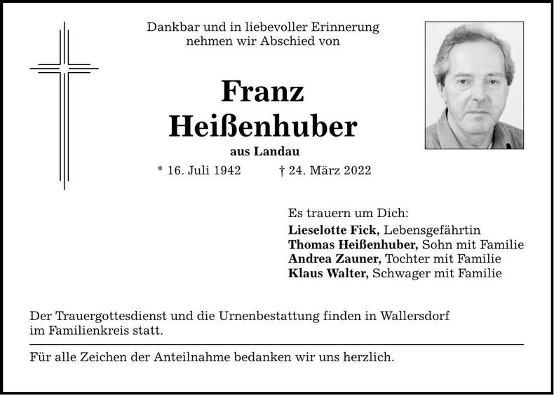 Traueranzeige Franz Heißenhuber