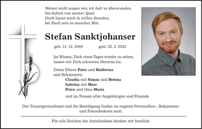 Traueranzeige Stefan Sanktjohanser