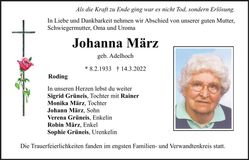 Traueranzeige Johanna März