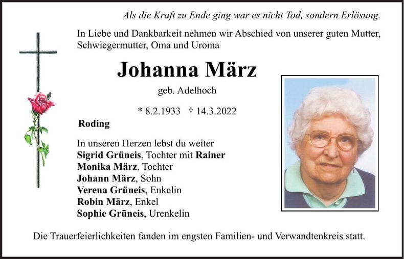 Traueranzeige Johanna März