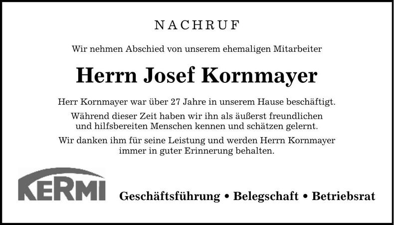 Traueranzeige Josef Kornmayer