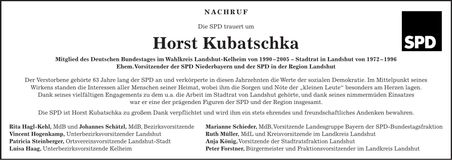 Traueranzeige Horst Kubatschka