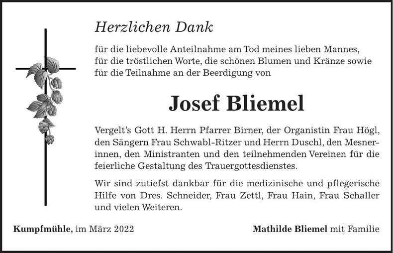 Traueranzeige Josef Bliemel