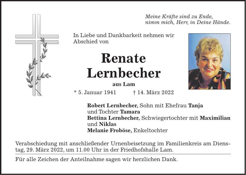 Traueranzeige Renate Lernbecher
