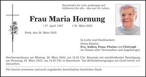 Traueranzeige Maria Hornung