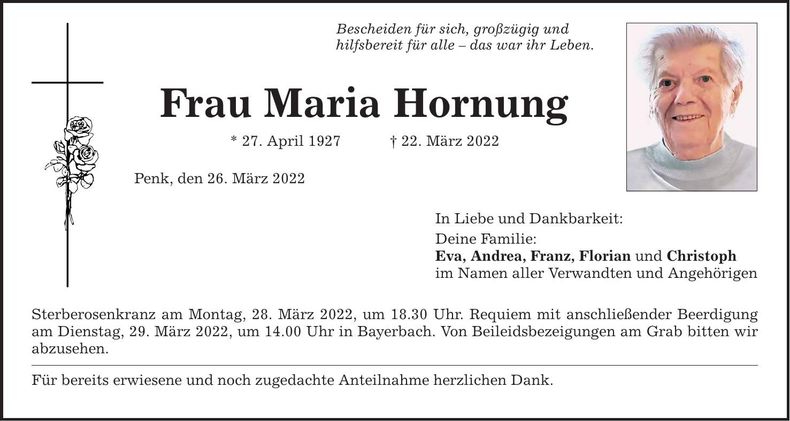 Traueranzeige Maria Hornung