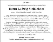 Traueranzeige Ludwig Steinlehner